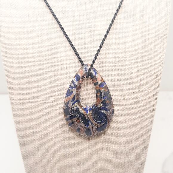 Murano /Venetian inspired glass metallic blue, silver & copper tear drop pendant - Picture 6 of 7